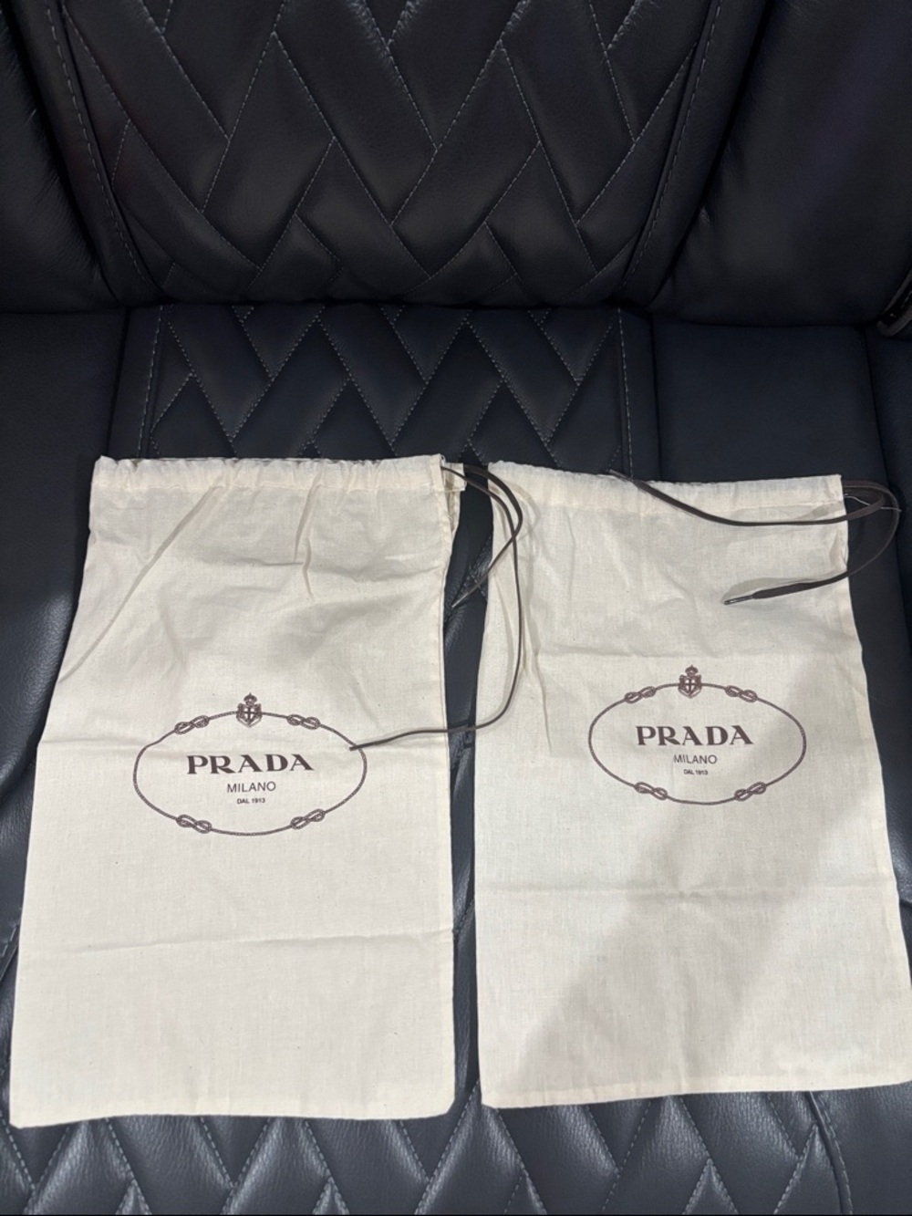 Prada Milano Cream Drawstring Logo Dust Bags Set of 2 Brown Laces